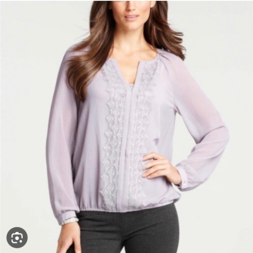 Ann Taylor Lavender Purple Lace Front Sheer Long Sleeve Blouse